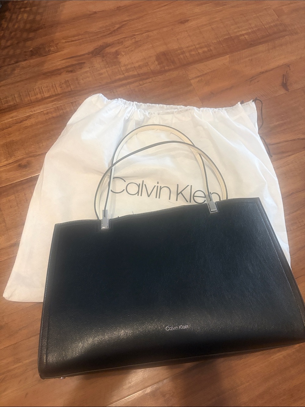 Calvin Klein Black Leather Tote with Double Top Handles
